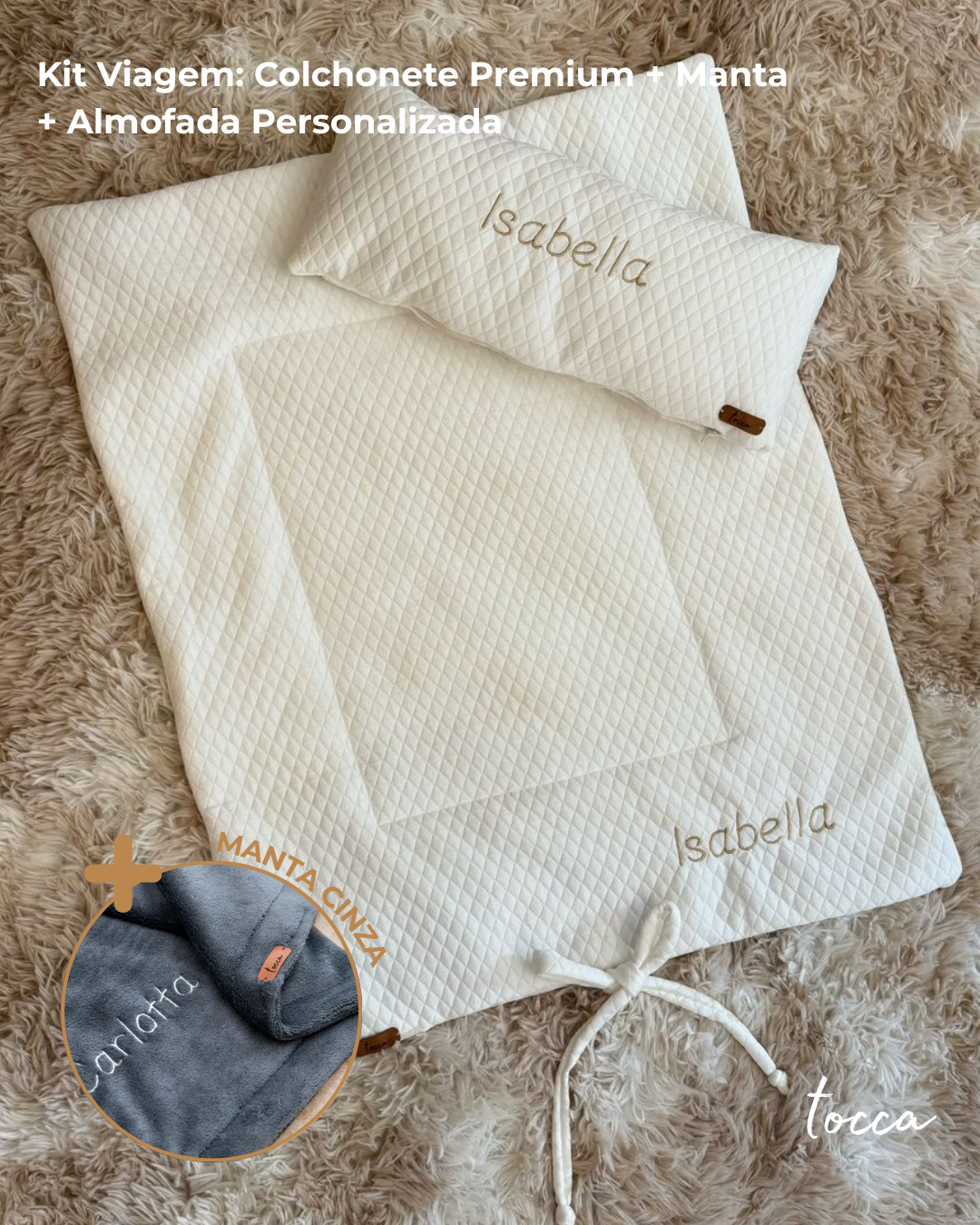 Kit Praticidade - Colchonete Premium + Manta + Almofada Personalizada